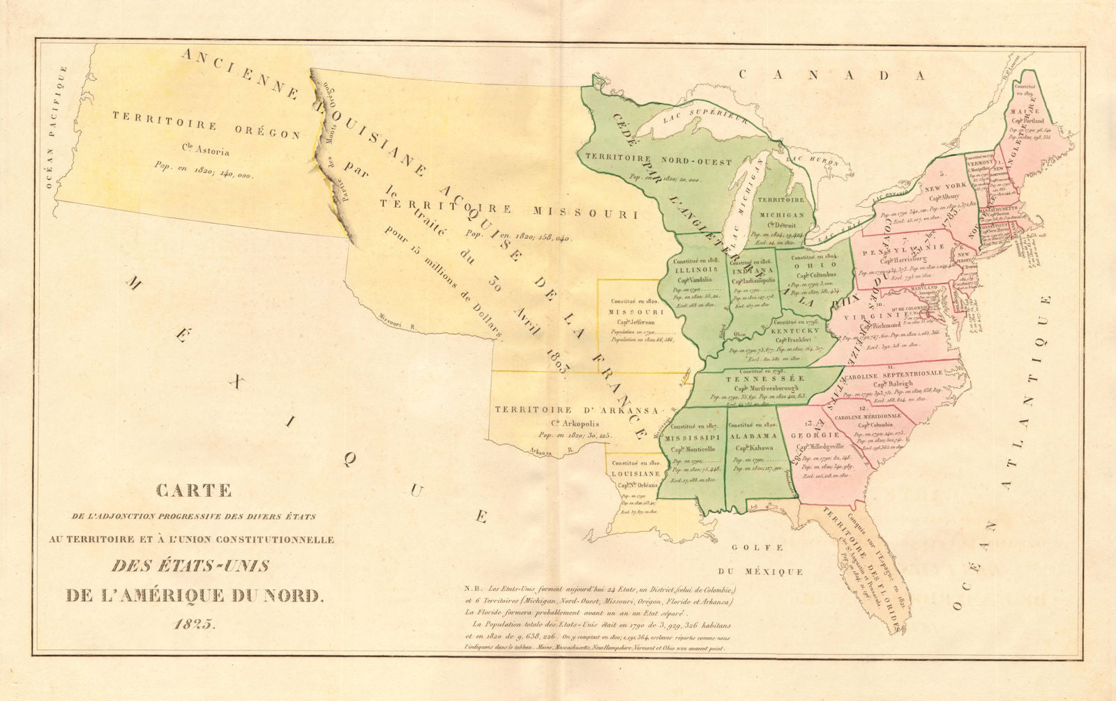USA territorial development >1825. 24 states 6 territories + DC. BUCHON 1825 map